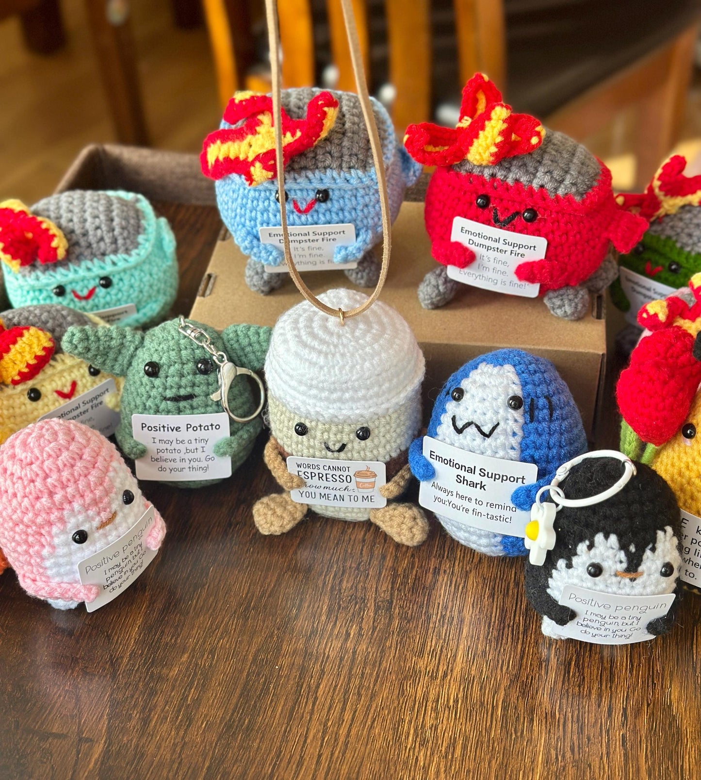 Crochet Positive Emotional Support keychain Desk buddy plush Cuddly Knitted Stress relief Motivation Card Amigurumi car valentines Gift