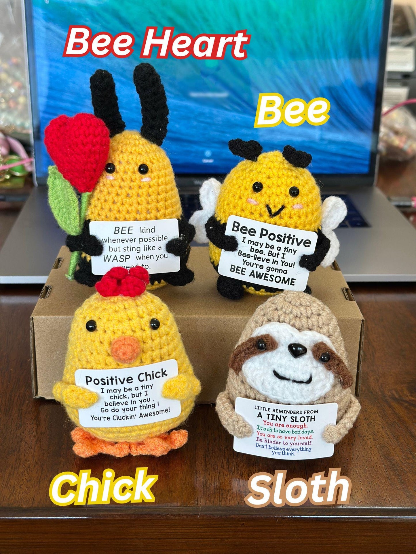 Crochet Positive Emotional Support keychain Desk buddy plush Cuddly Knitted Stress relief Motivation Card Amigurumi car valentines Gift